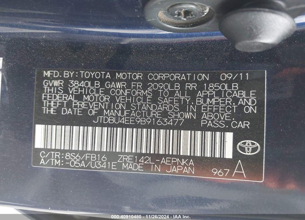 2011 TOYOTA COROLLA LE VIN: JTDBU4EE9B9163477