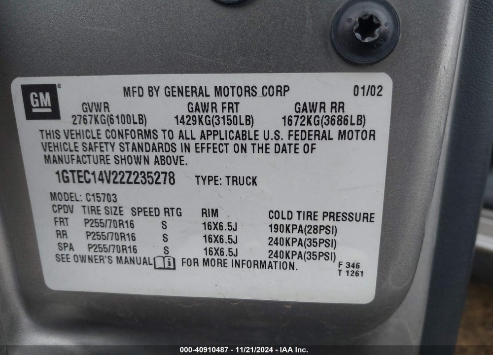 2002 GMC SIERRA 1500 SLE VIN: 1GTEC14V22Z235278