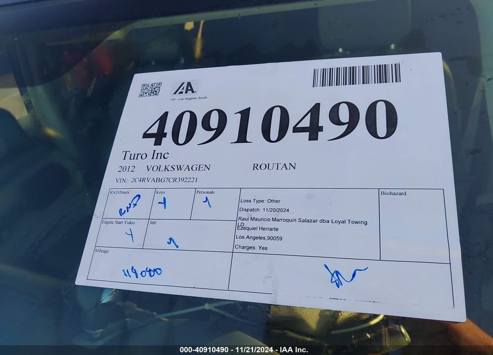 2012 VOLKSWAGEN ROUTAN SE VIN: 2C4RVABG7CR392221