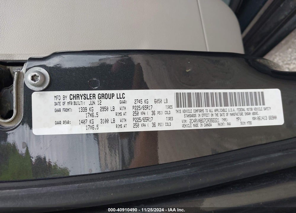 2012 VOLKSWAGEN ROUTAN SE VIN: 2C4RVABG7CR392221
