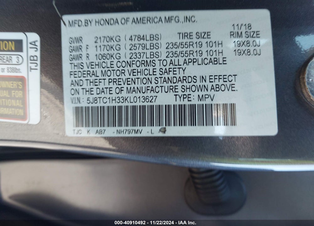 2019 ACURA RDX STANDARD VIN: 5J8TC1H33KL013627