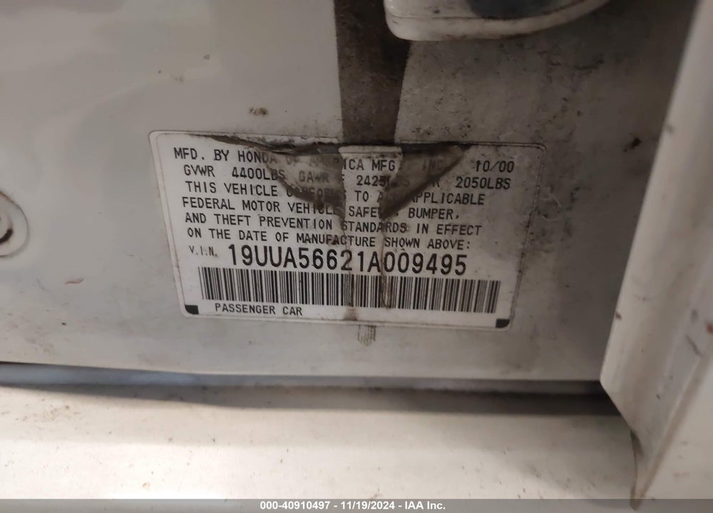 2001 ACURA TL 3.2 VIN: 19UUA56621A009495