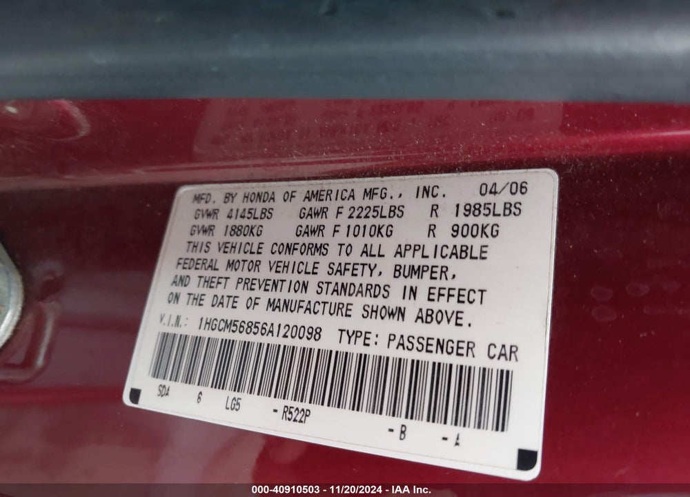 2006 HONDA ACCORD 2.4 EX VIN: 1HGCM56856A120098
