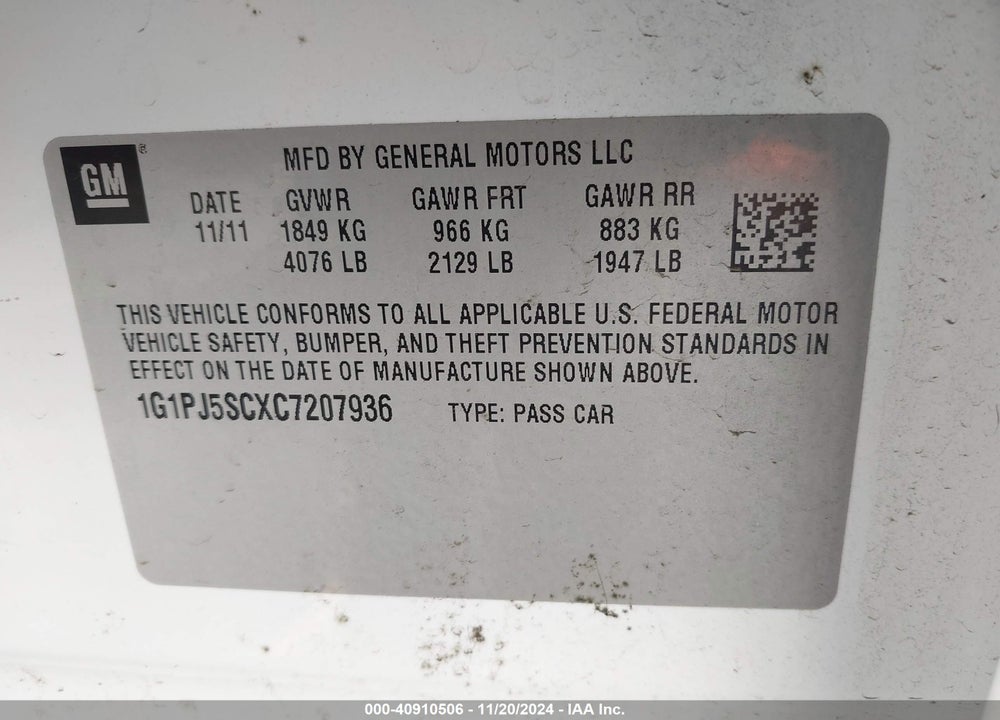 2012 CHEVROLET CRUZE VIN: 1G1PJ5SCXC7207936