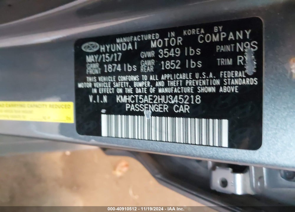 2017 HYUNDAI ACCENT VIN: KMHCT5AE2HU345218