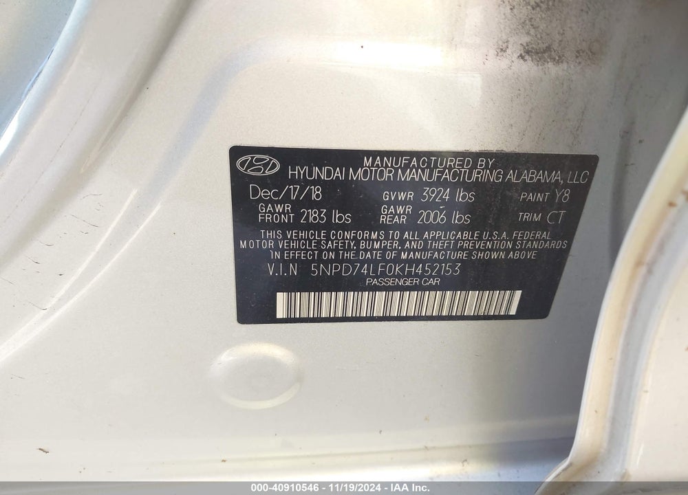 2019 HYUNDAI ELANTRA SE VIN: 5NPD74LF0KH452153
