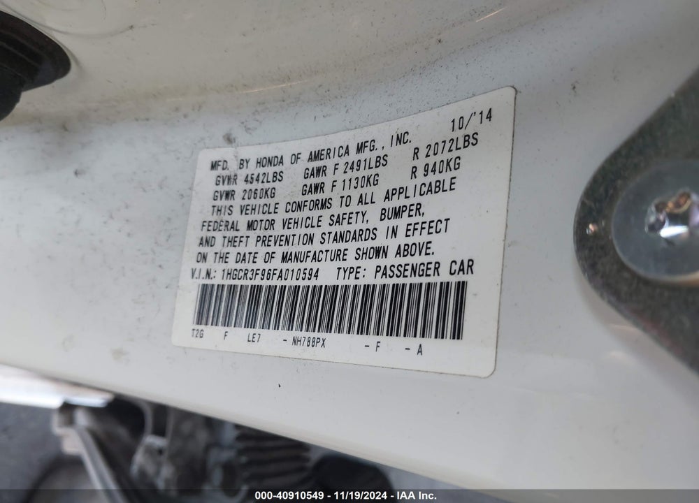 2015 HONDA ACCORD TOURING VIN: 1HGCR3F96FA010594