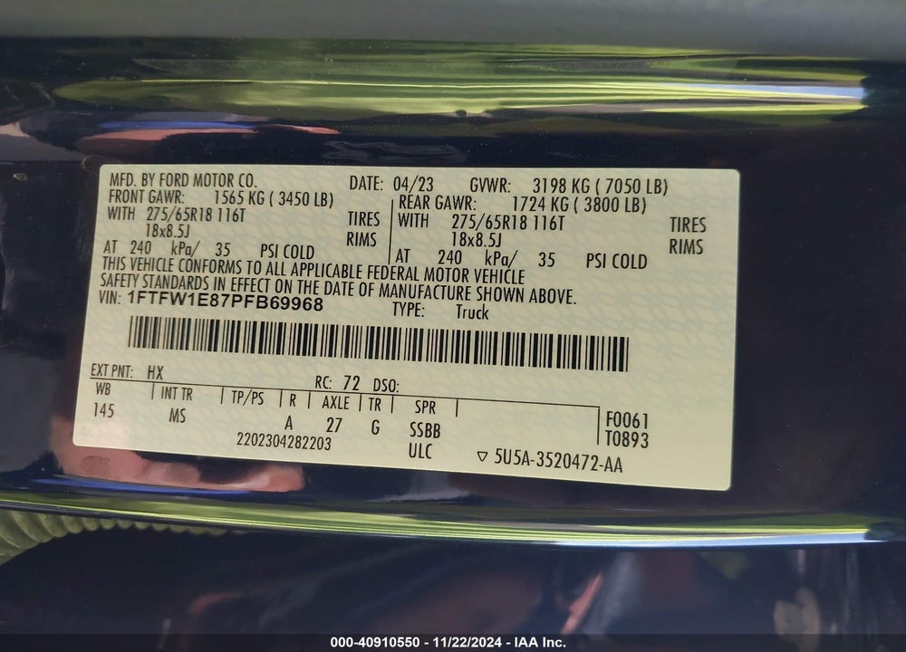 2023 FORD F-150 XLT VIN: 1FTFW1E87PFB69968