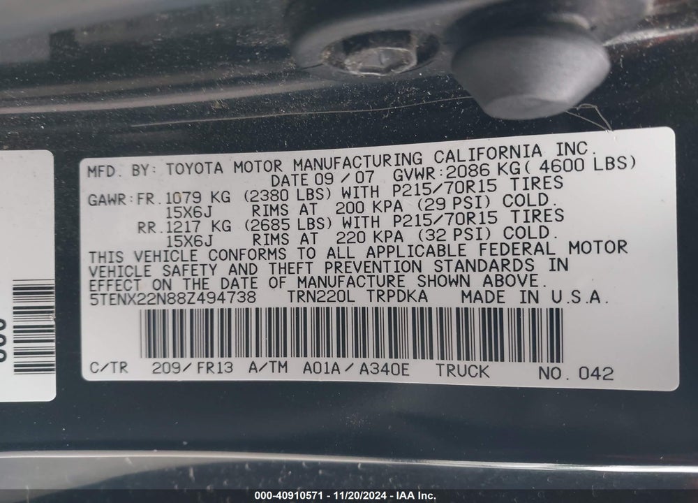 2008 TOYOTA TACOMA VIN: 5TENX22N88Z494738