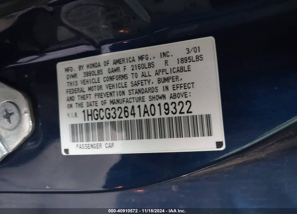 2001 HONDA ACCORD 2.3 LX VIN: 1HGCG32641A019322