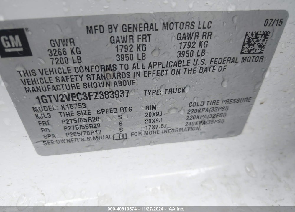 2015 GMC SIERRA 1500 VIN: 1GTV2VEC3FZ383937