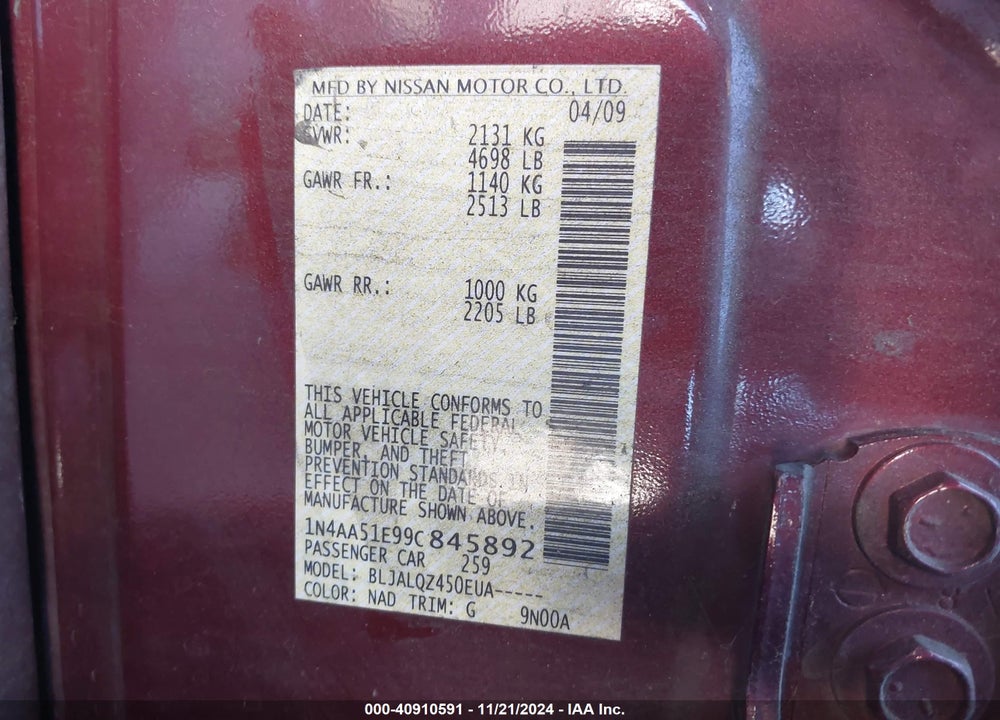 2009 NISSAN MAXIMA 3.5 S VIN: 1N4AA51E99C845892