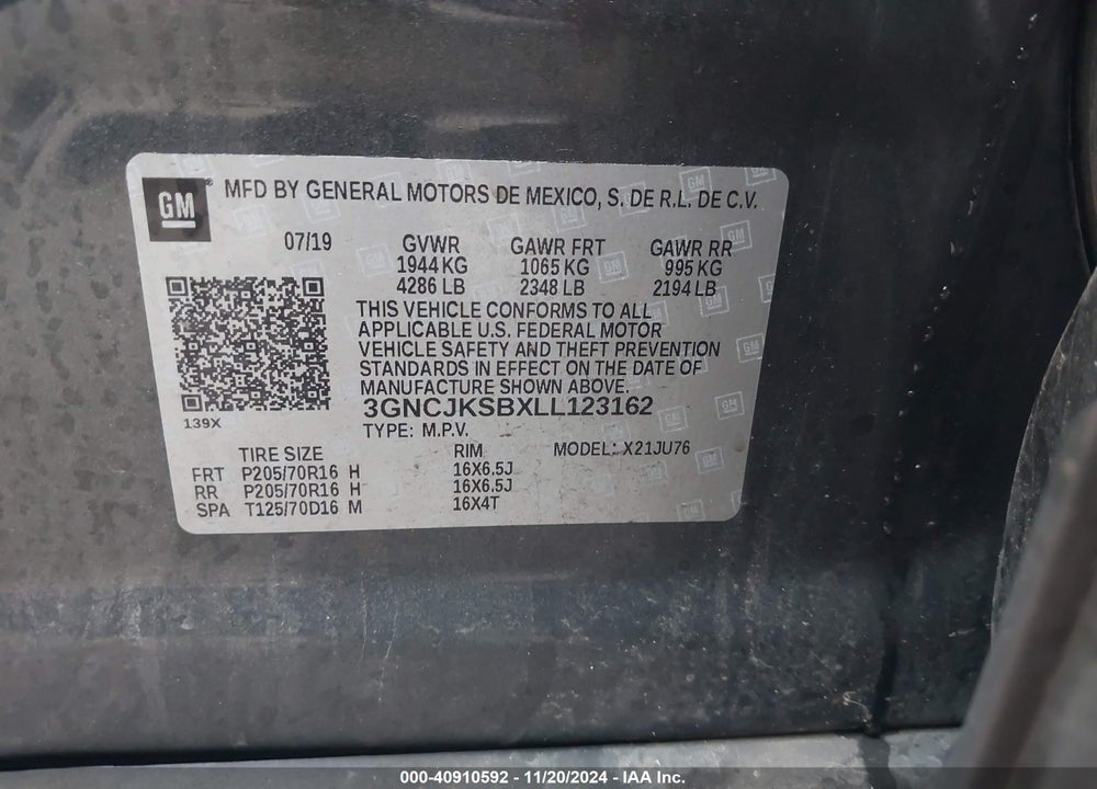 2020 CHEVROLET TRAX FWD LS VIN: 3GNCJKSBXLL123162