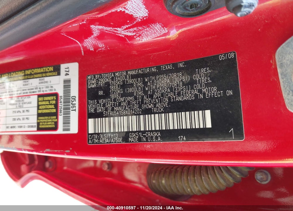 2008 TOYOTA TUNDRA BASE V6 VIN: 5TFRU54158X014202