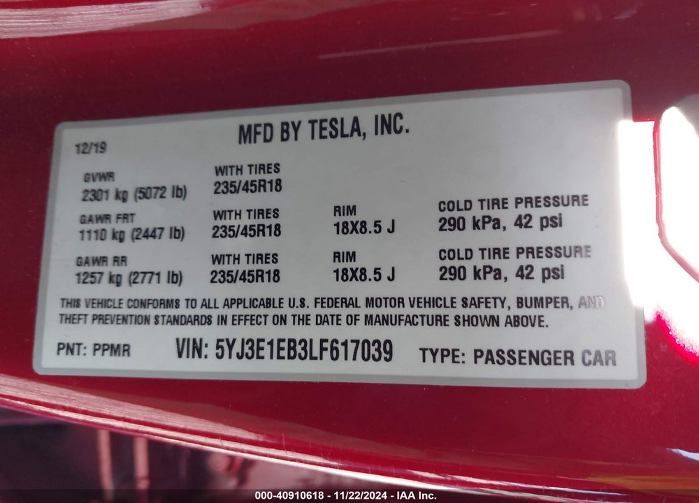 2020 TESLA MODEL 3 LONG RANGE DUAL MOTOR ALL-WHEEL DRIVE VIN: 5YJ3E1EB3LF617039