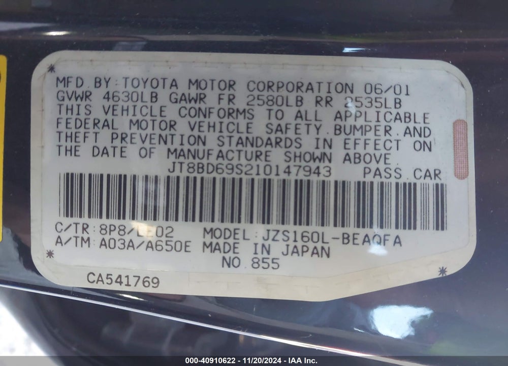 2001 LEXUS GS 300 VIN: JT8BD69S210147943