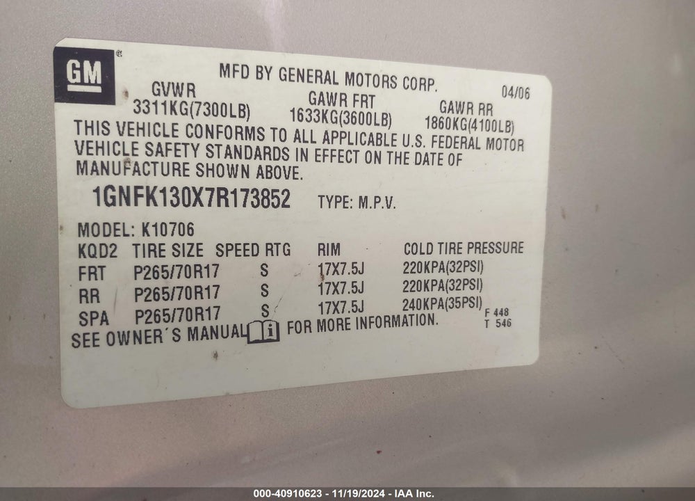 2007 CHEVROLET TAHOE LT VIN: 1GNFK130X7R173852