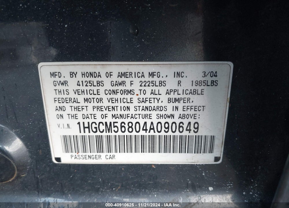 2004 HONDA ACCORD 2.4 EX VIN: 1HGCM56804A090649