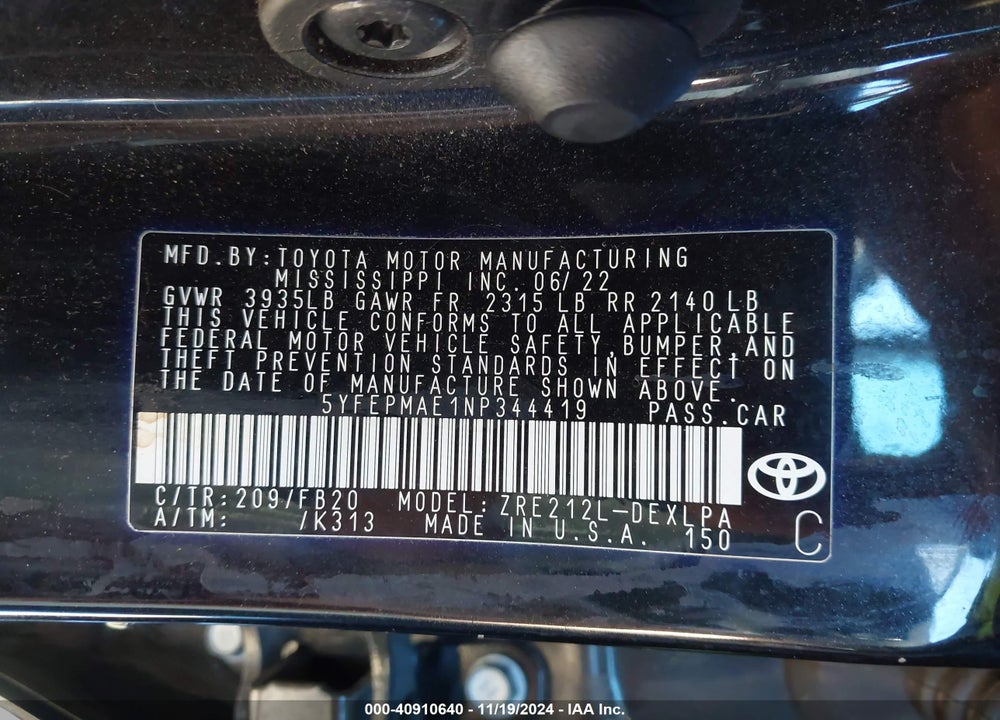 2022 TOYOTA COROLLA LE VIN: 5YFEPMAE1NP344419