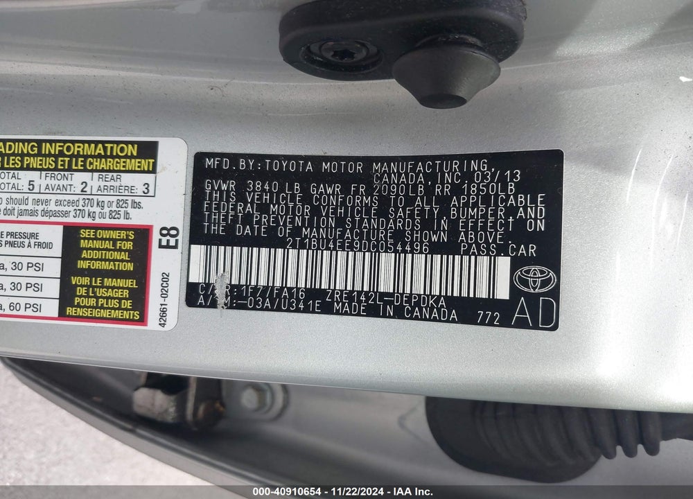 2013 TOYOTA COROLLA L VIN: 2T1BU4EE9DC054496
