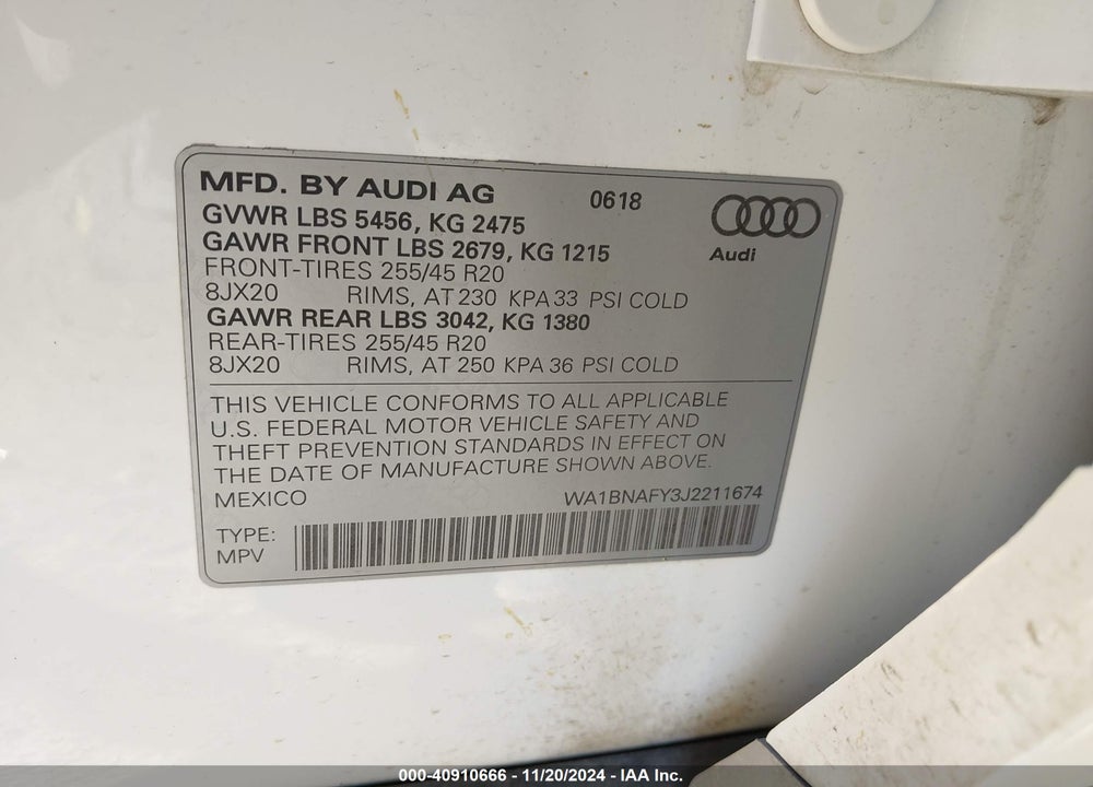 2018 AUDI Q5 2.0T PREMIUM/2.0T TECH PREMIUM VIN: WA1BNAFY3J2211674