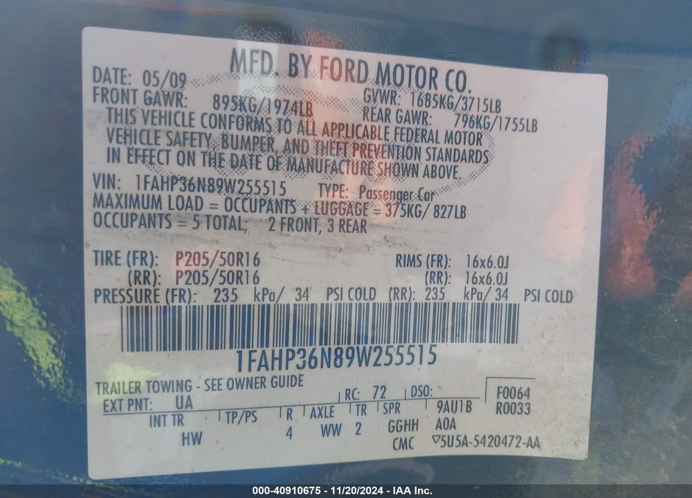 2009 FORD FOCUS SES VIN: 1FAHP36N89W255515