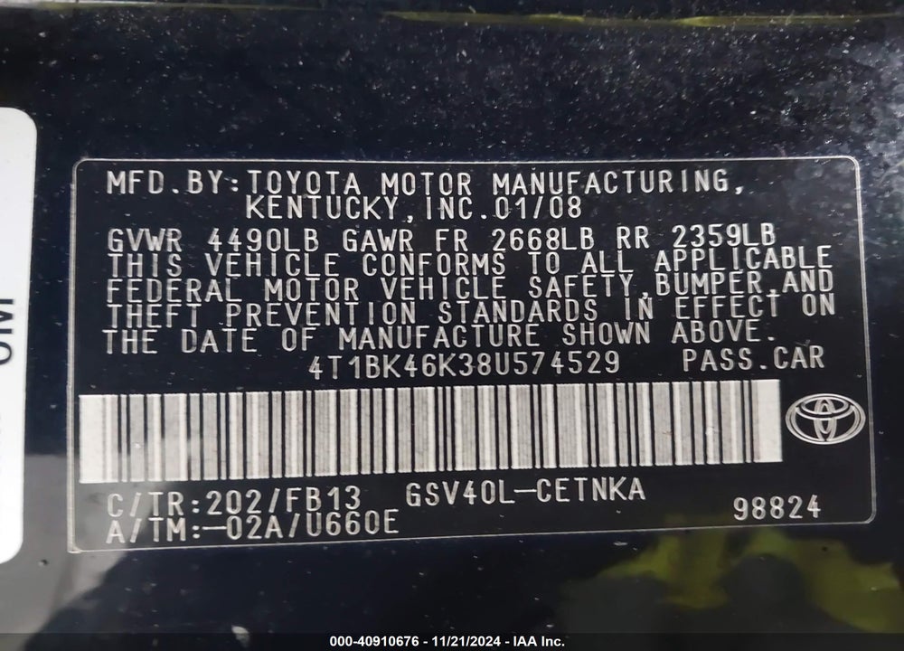 2008 TOYOTA CAMRY LE V6 VIN: 4T1BK46K38U574529