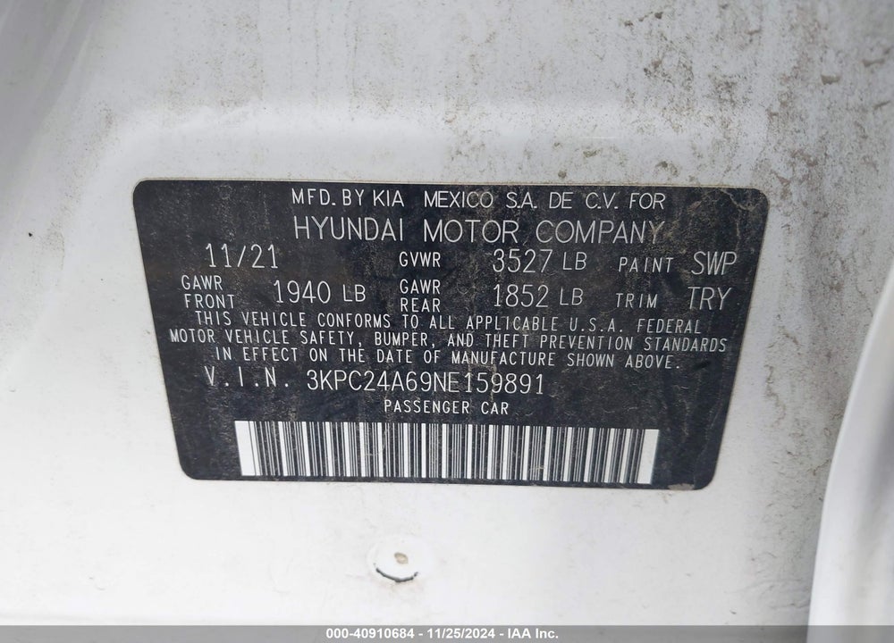 2022 HYUNDAI ACCENT SE VIN: 3KPC24A69NE159891