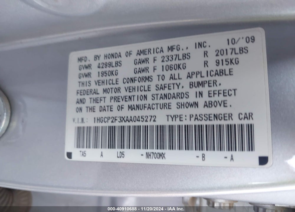 2010 HONDA ACCORD 2.4 LX VIN: 1HGCP2F3XAA045272