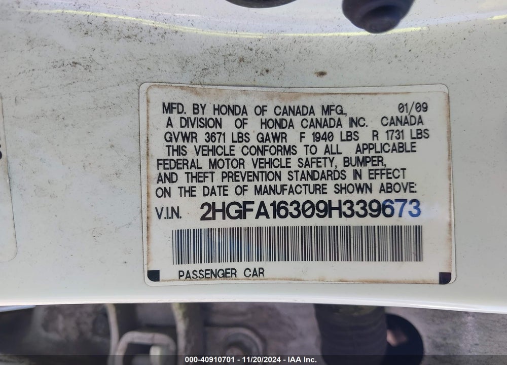 2009 HONDA CIVIC VP VIN: 2HGFA16309H339673