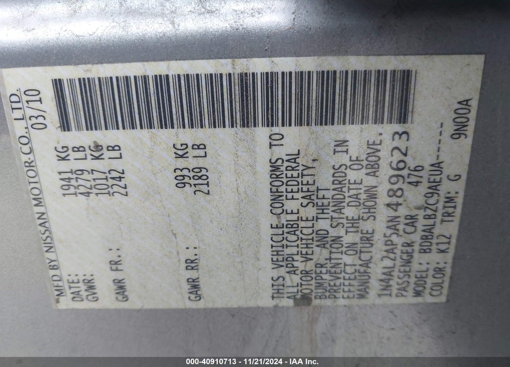 2010 NISSAN ALTIMA 2.5 S VIN: 1N4AL2AP5AN489623
