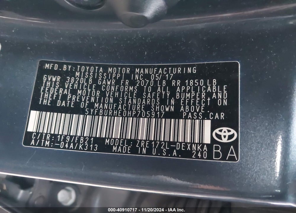 2017 TOYOTA COROLLA LE VIN: 5YFBURHE0HP705917
