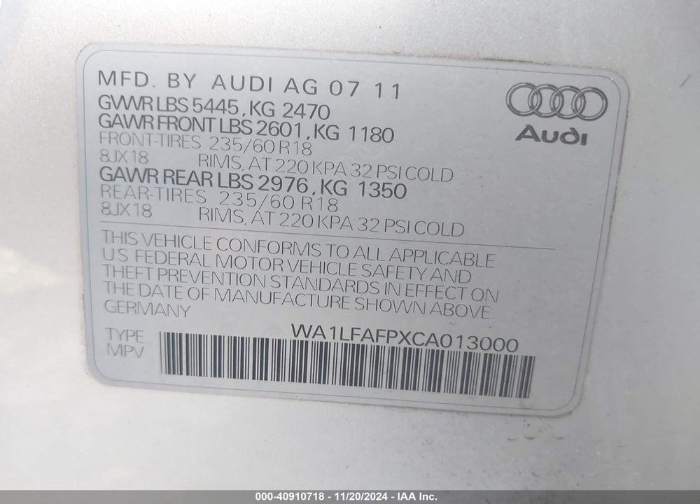 2012 AUDI Q5 2.0T PREMIUM VIN: WA1LFAFPXCA013000
