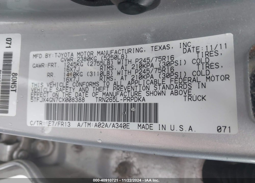 2012 TOYOTA TACOMA PRERUNNER VIN: 5TFJX4GN7CX008388
