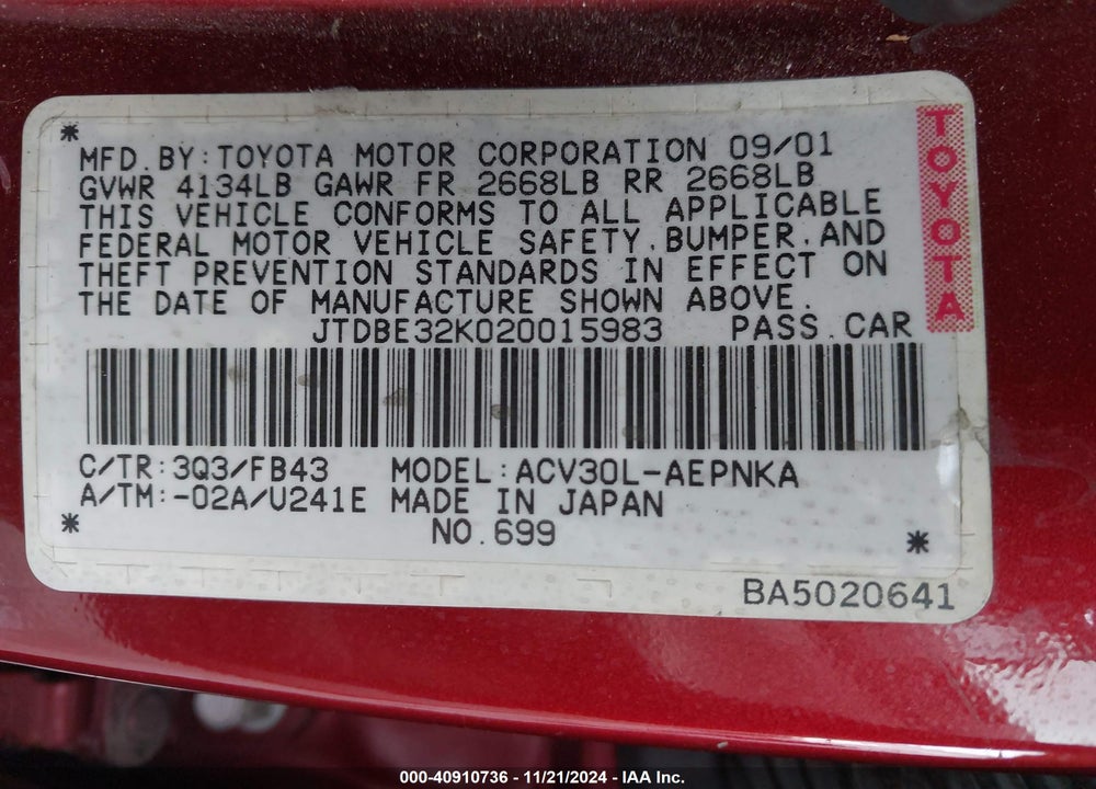 2002 TOYOTA CAMRY LE VIN: JTDBE32K020015983