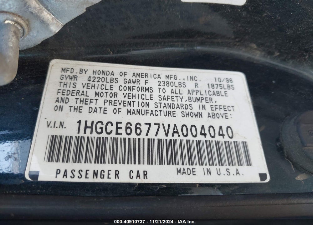 1997 HONDA ACCORD EX V6 VIN: 1HGCE6677VA004040