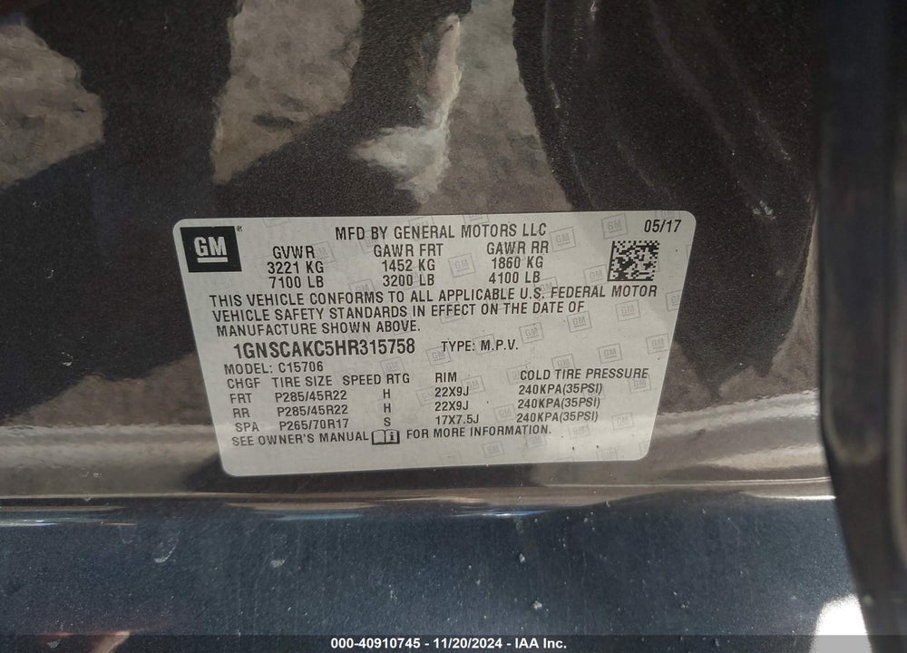2017 CHEVROLET TAHOE LS VIN: 1GNSCAKC5HR315758