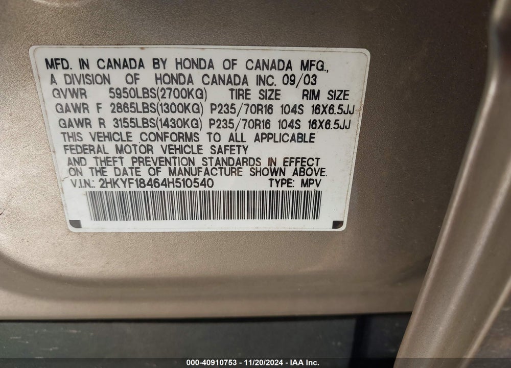 2004 HONDA PILOT EX VIN: 2HKYF18464H510540