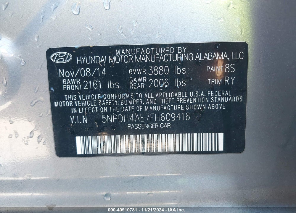 2015 HYUNDAI ELANTRA LIMITED VIN: 5NPDH4AE7FH609416