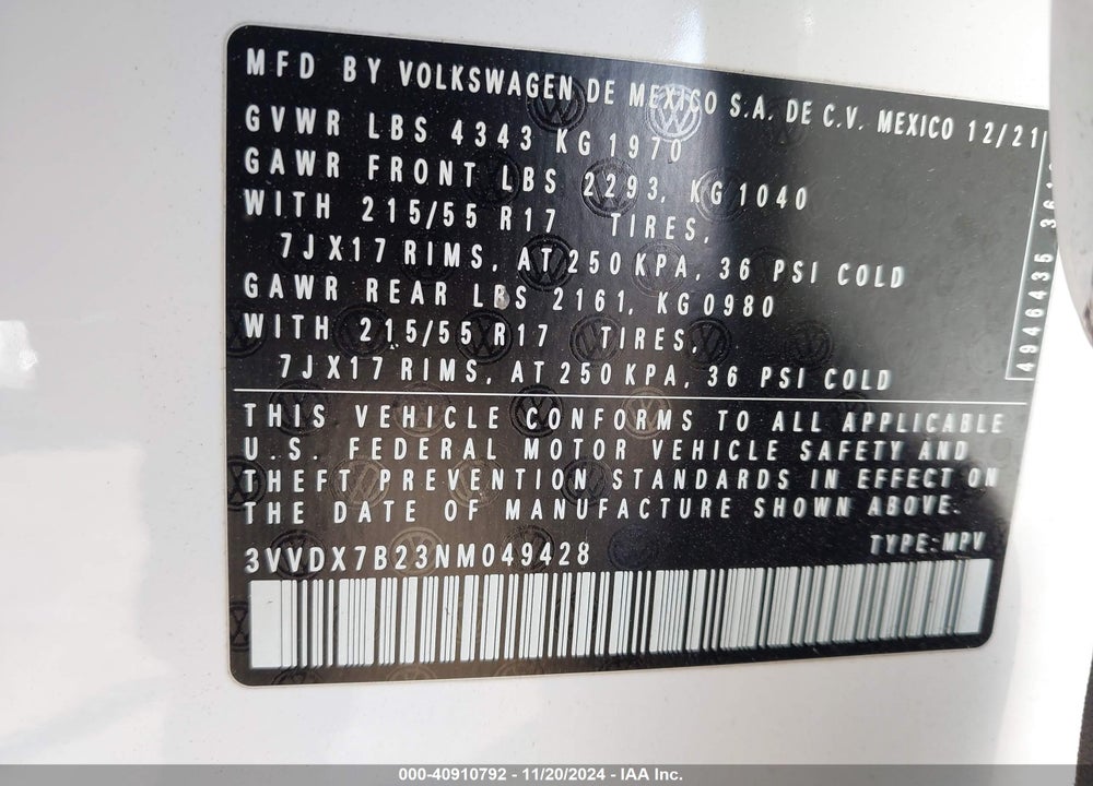 2022 VOLKSWAGEN TAOS 1.5T S VIN: 3VVDX7B23NM049428
