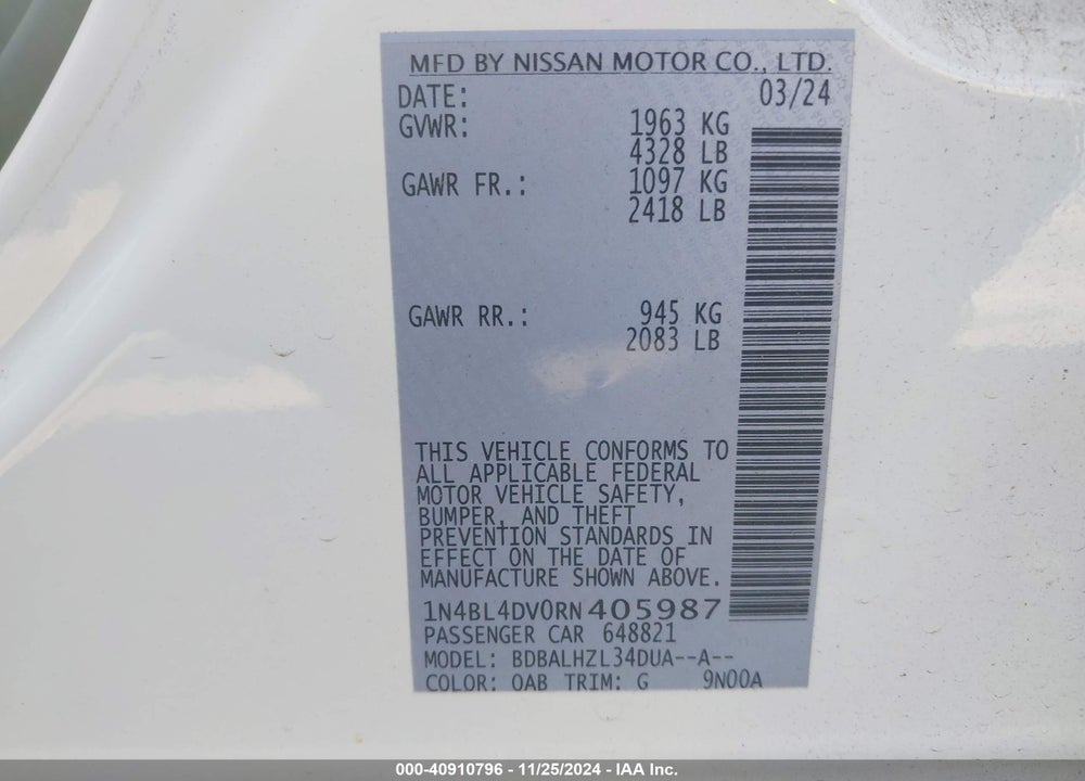 2024 NISSAN ALTIMA SV FWD VIN: 1N4BL4DV0RN405987