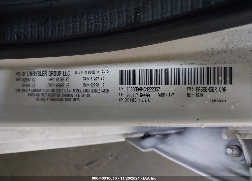 2012 CHRYSLER 200 LX VIN: 1C3CCBAB4CN222357