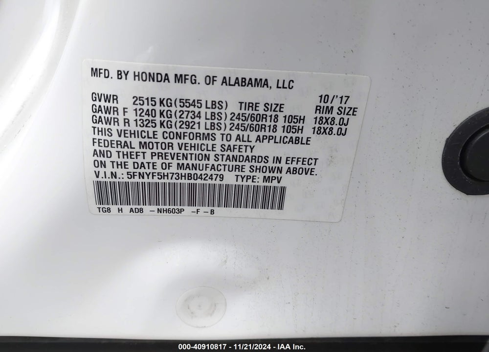 2017 HONDA PILOT EX-L VIN: 5FNYF5H73HB042479