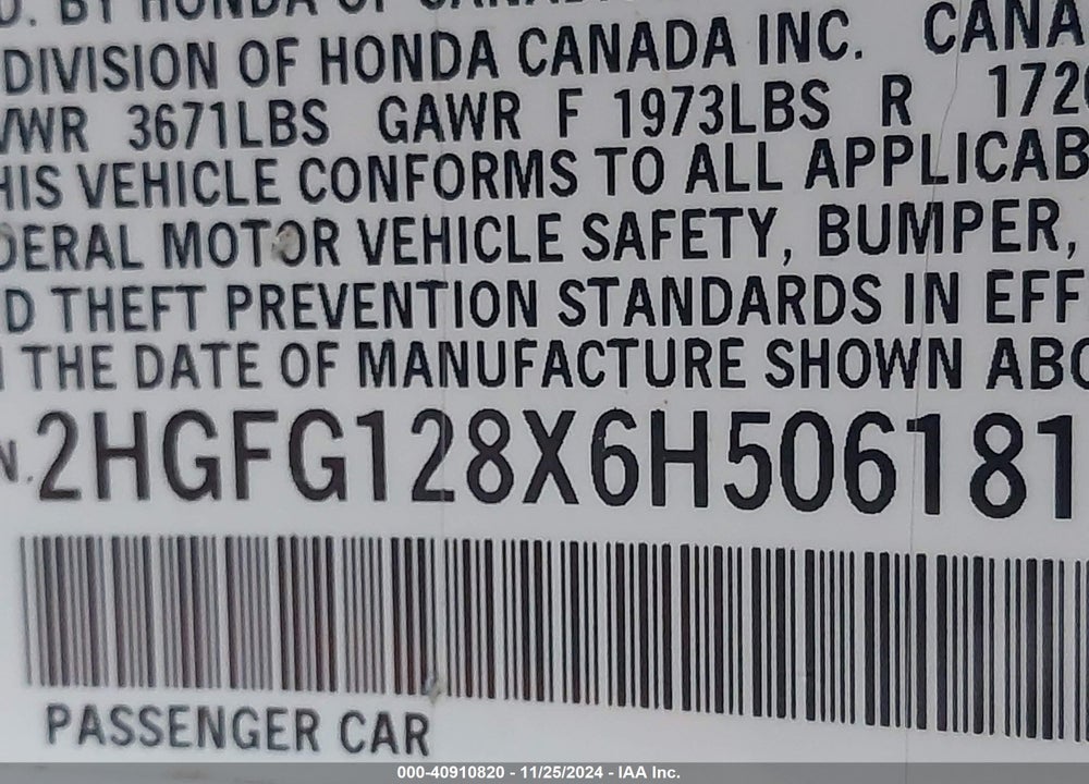 2006 HONDA CIVIC EX VIN: 2HGFG128X6H506181
