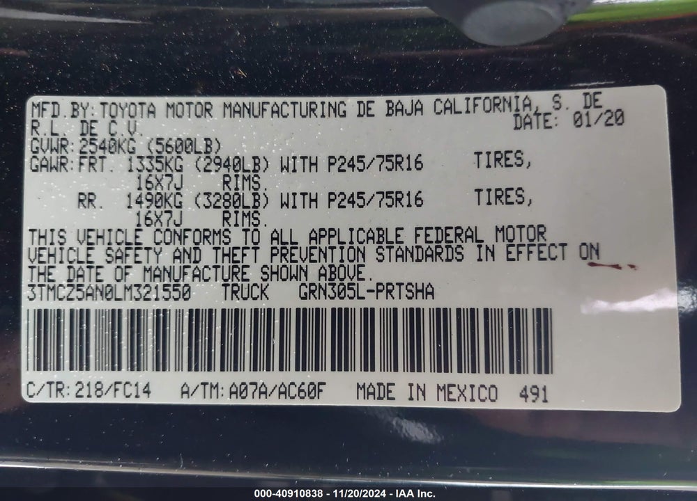 2020 TOYOTA TACOMA VIN: 3TMCZ5AN0LM321550