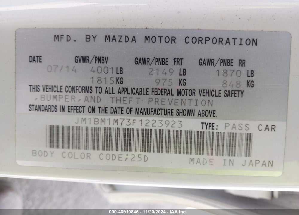 2015 MAZDA 3 I GRAND TOURING VIN: JM1BM1M73F1223923