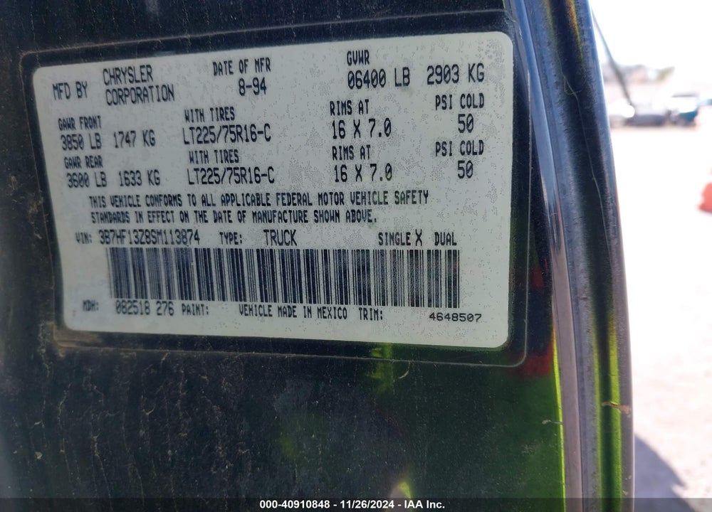 1995 DODGE RAM 1500 VIN: 3B7HF13Z8SM113874