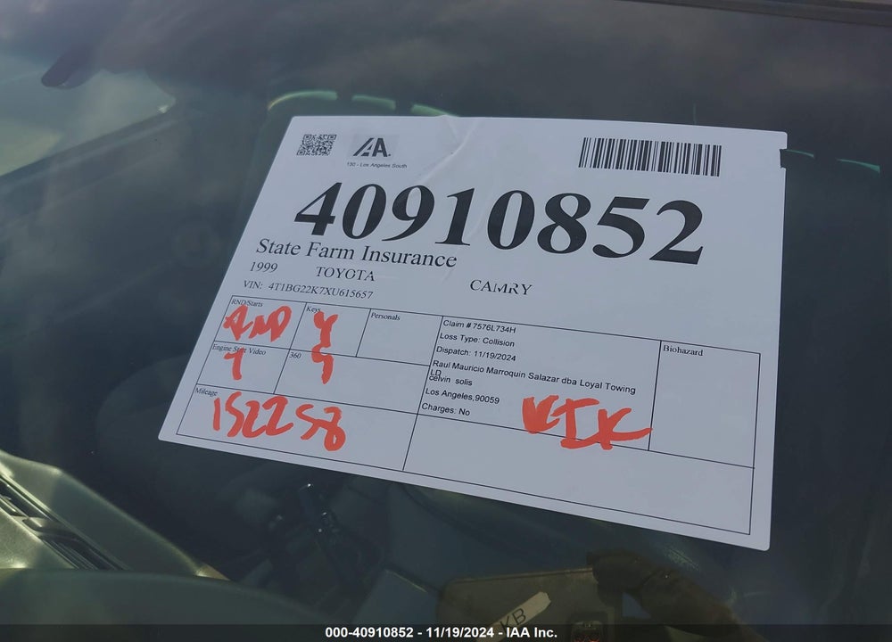 1999 TOYOTA CAMRY LE VIN: 4T1BG22K7XU615657