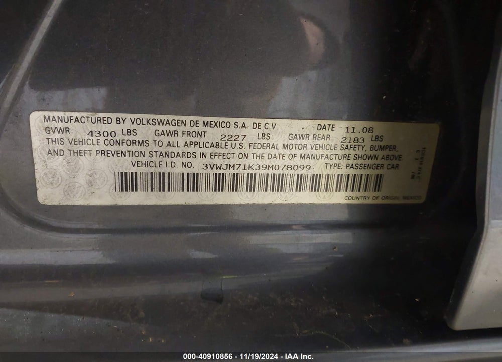 2009 VOLKSWAGEN JETTA S VIN: 3VWJM71K39M078099