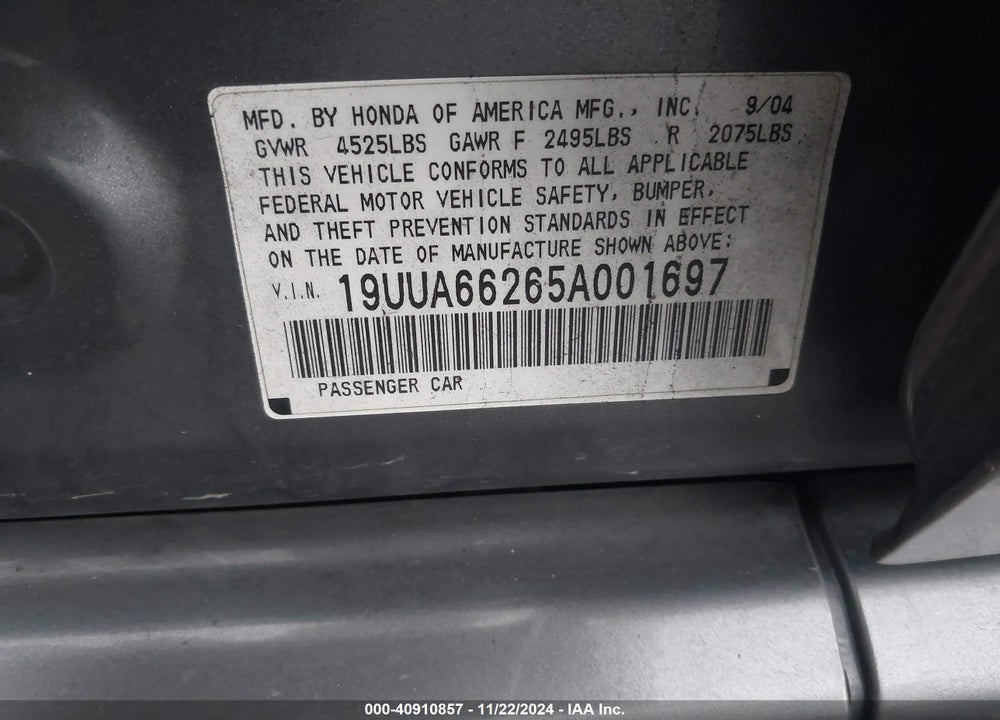 2005 ACURA TL VIN: 19UUA66265A001697